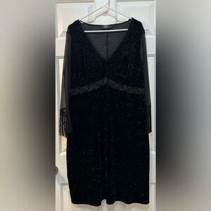 CDC Vtg Black Crushed Velvet Midi Dress 14 NYE Party Event Fringe Beaded Fairy